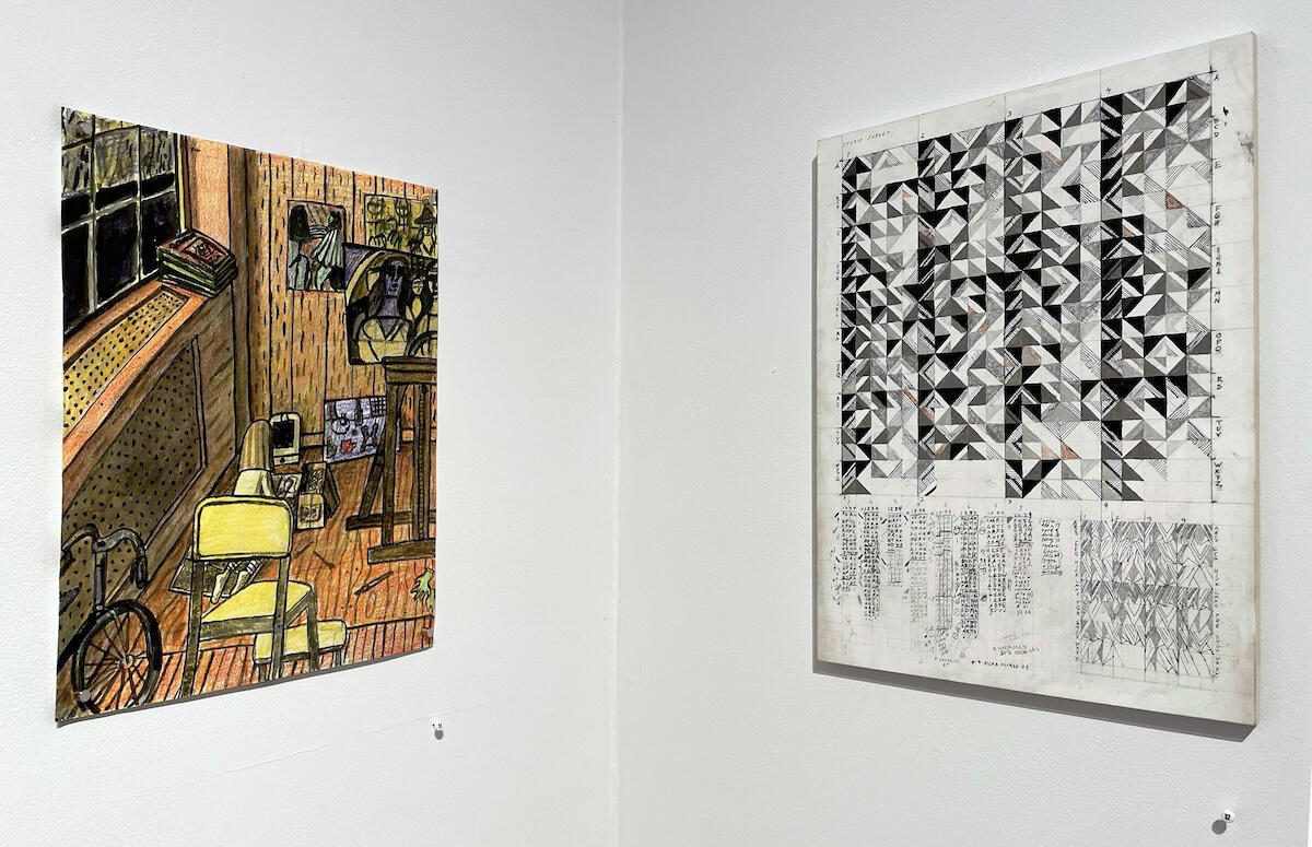 Artists Draw Their Studios, Nora Riggs and Leslie Robertsinstallation view, Kleinert Gallery, Woodstock, 2021